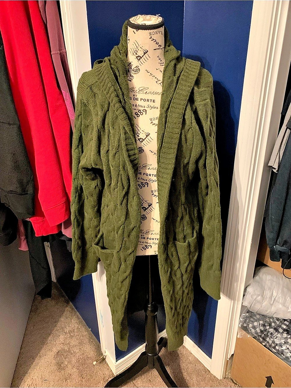 Cable Knit Hooded Cardigan in Green Size XXL Like New